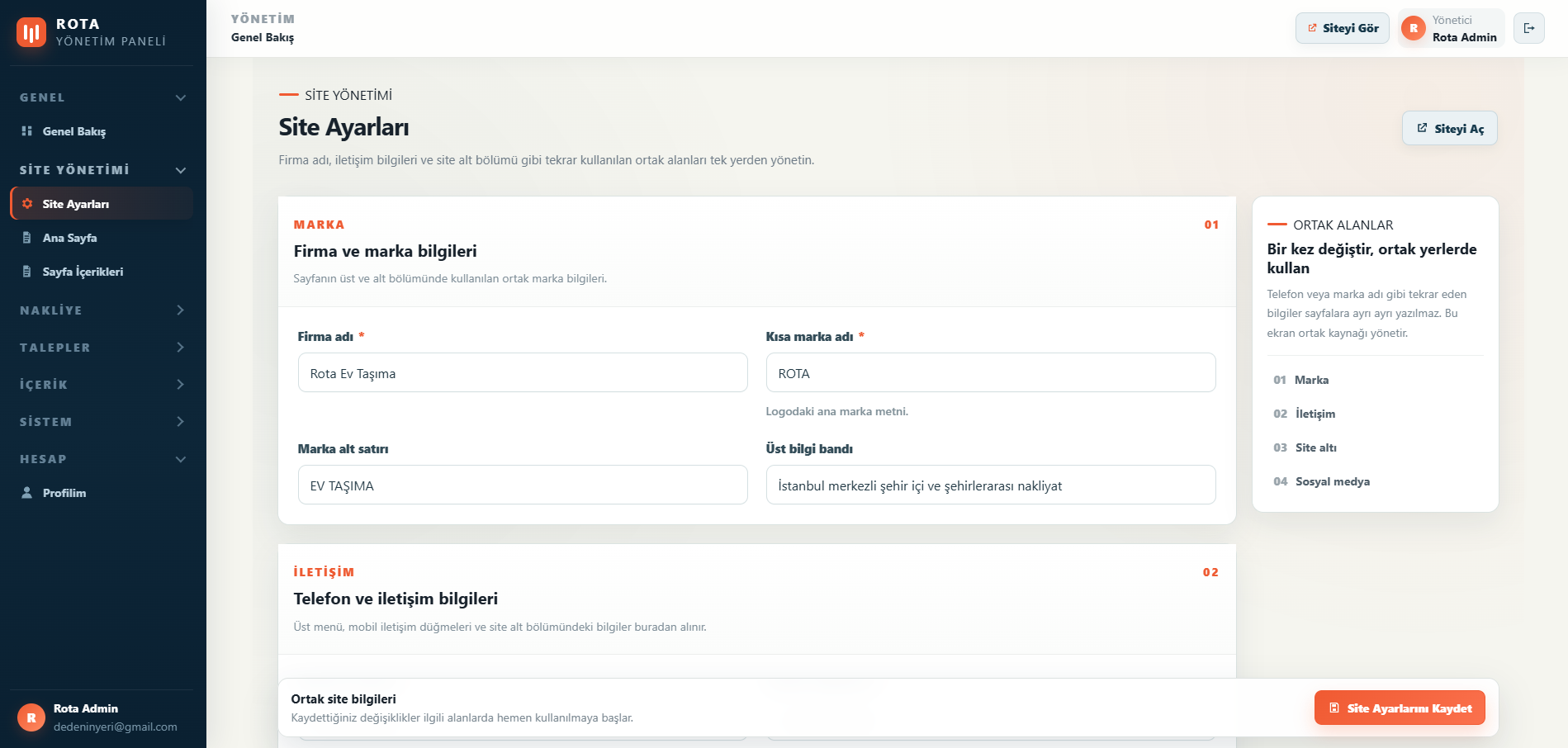 Rota yönetim paneli site ayarları ekranı